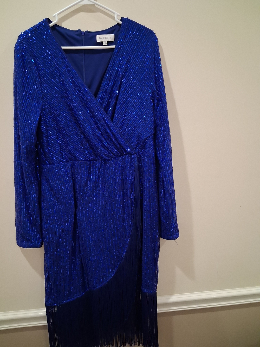 REFINERY29 Royal Blue Sequin Wrap Dress with Fringe Hem
